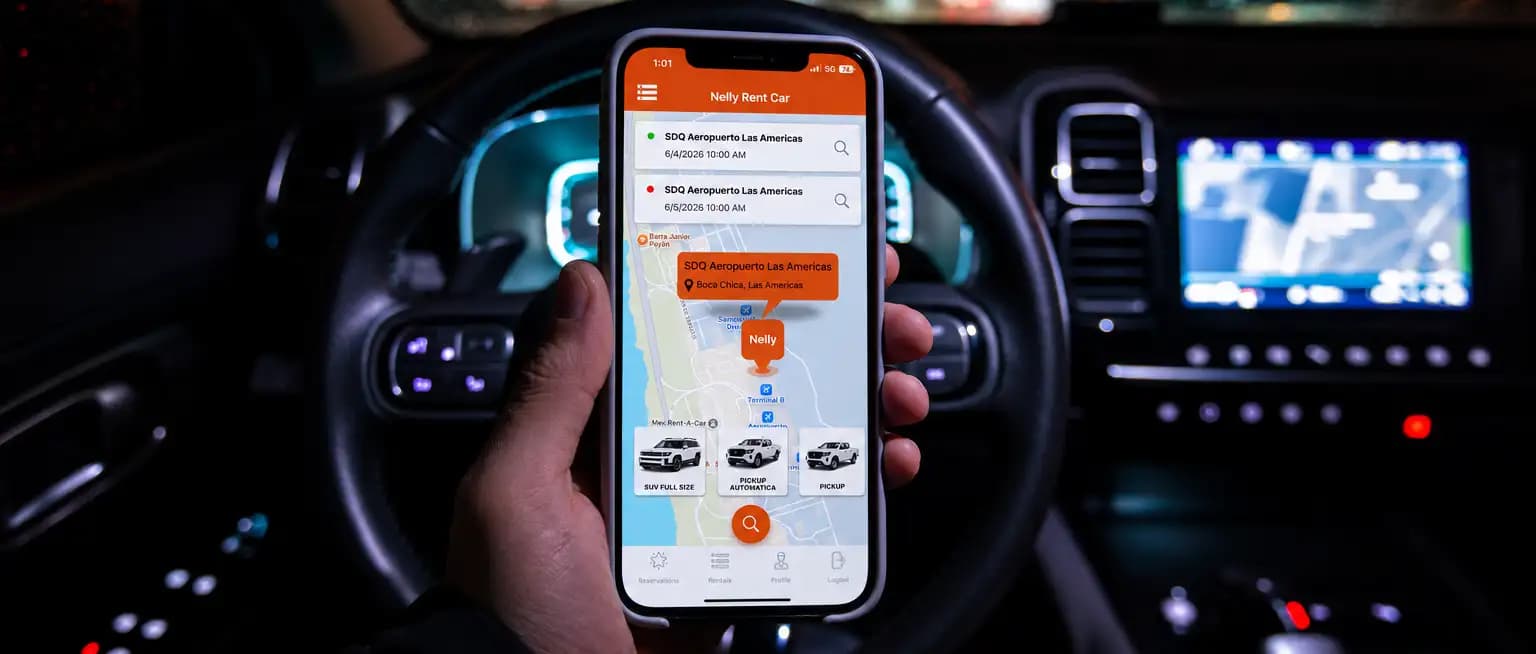 Nelly Rent a Car app showing the pickup point at Las Américas International Airport